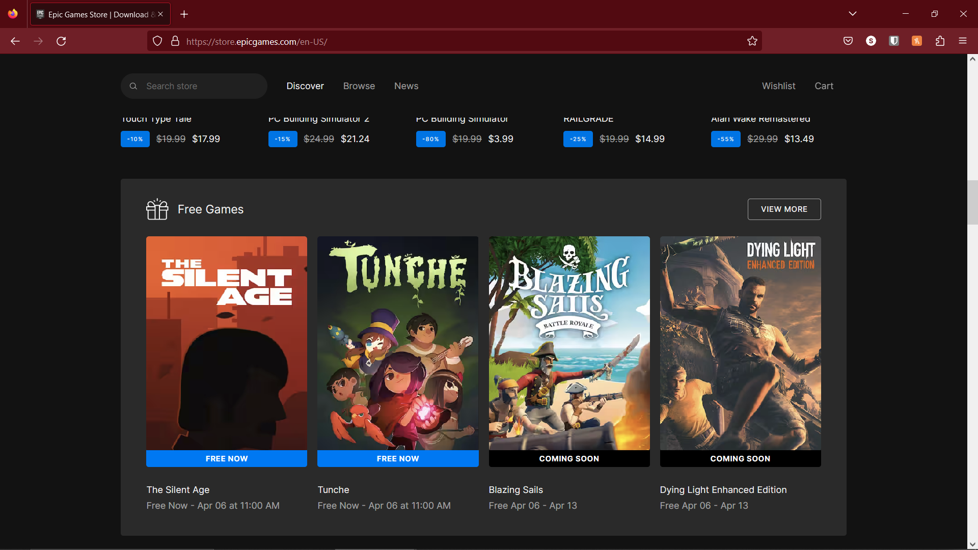 The free games category on the Epic Games website