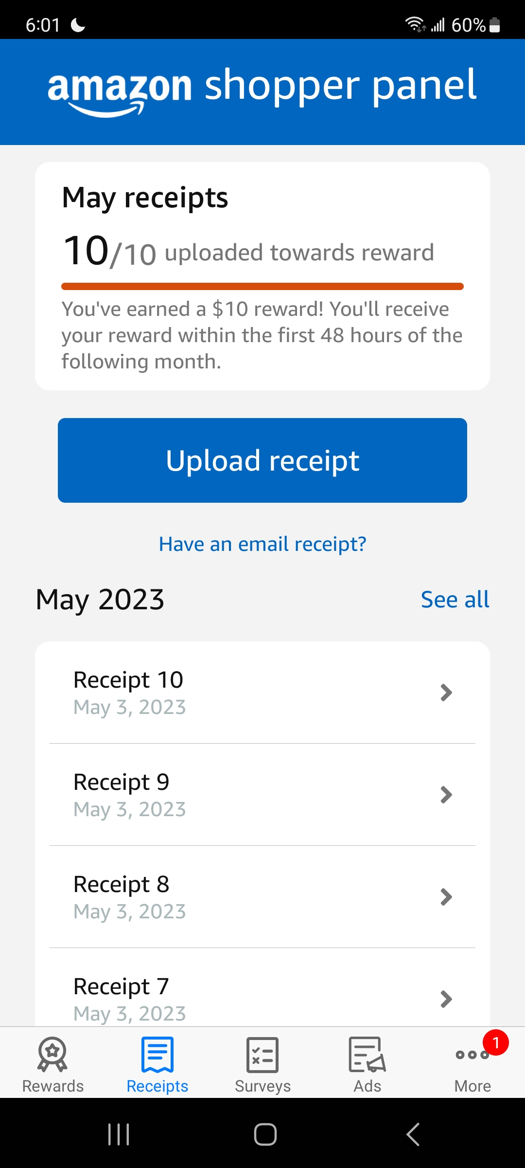 Uploading receipts to get free Amazon credit