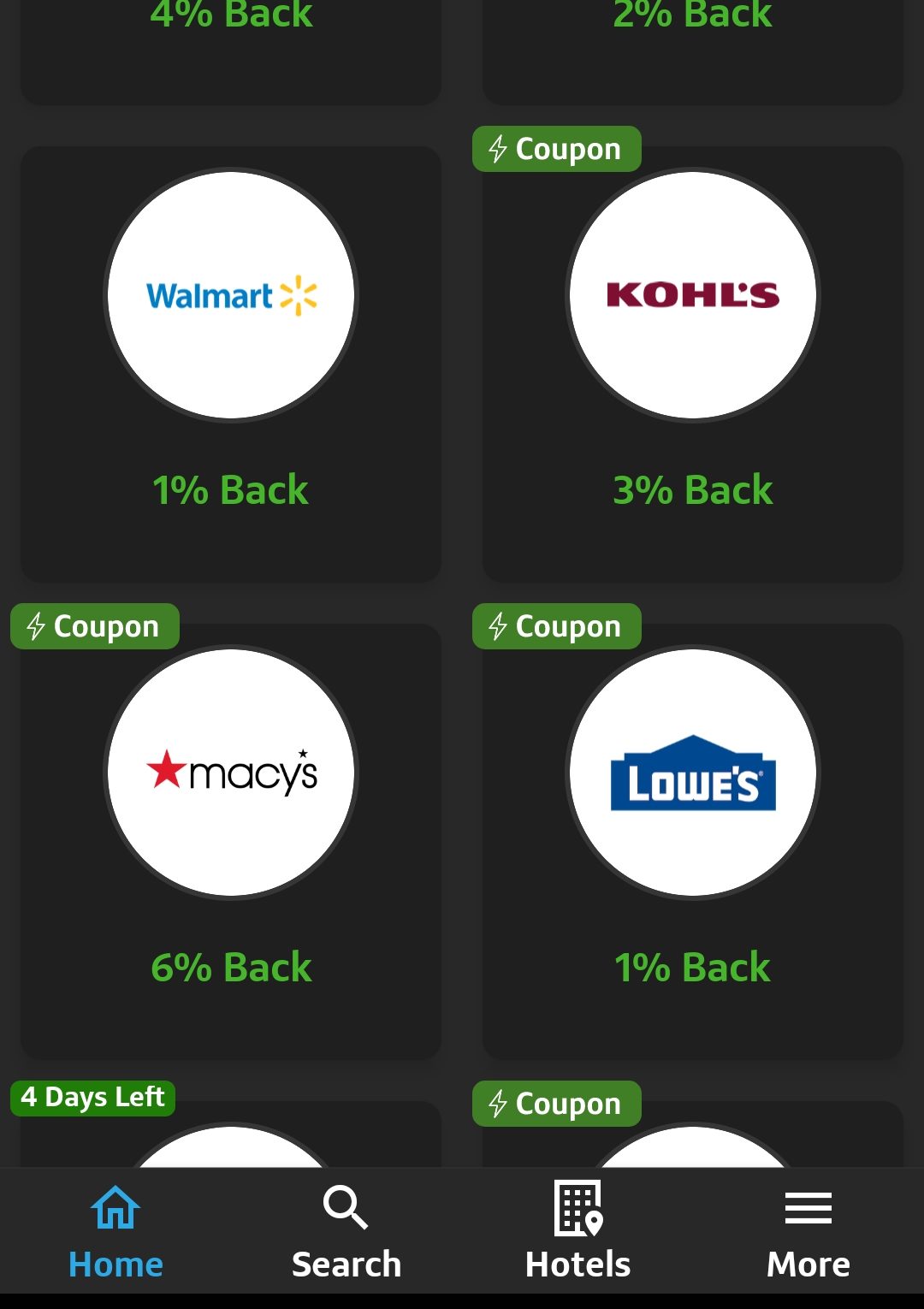 Cash back stores listed on the Capital One Shopping portal