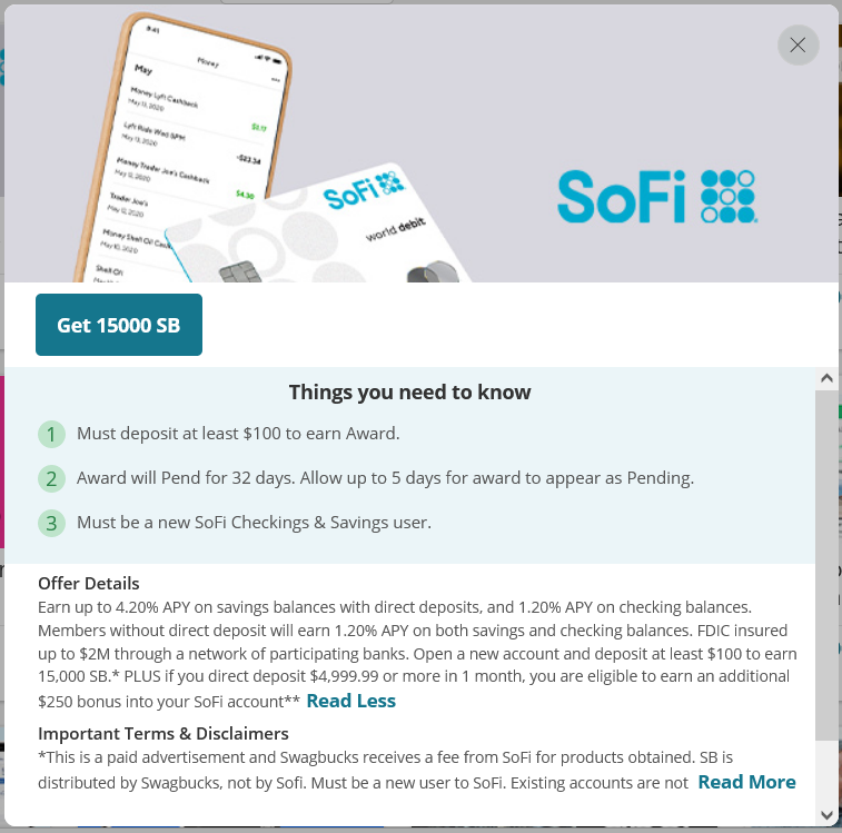 Sofi checking bonus terms from Swagbucks