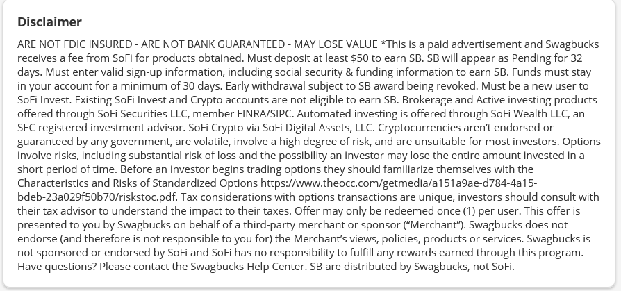 Sofi investment bonus terms on Swagbucks