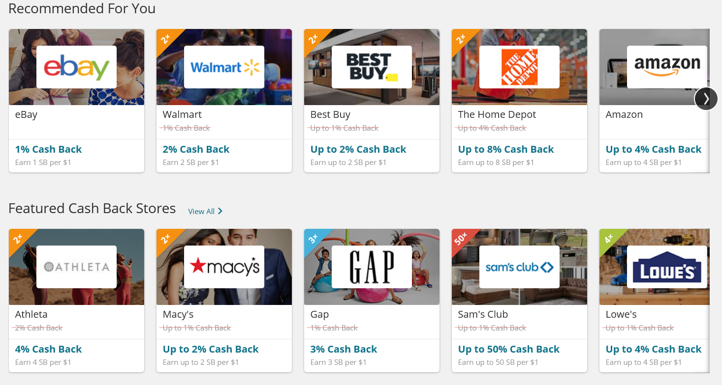 The main page of the Swagbucks shopping portal