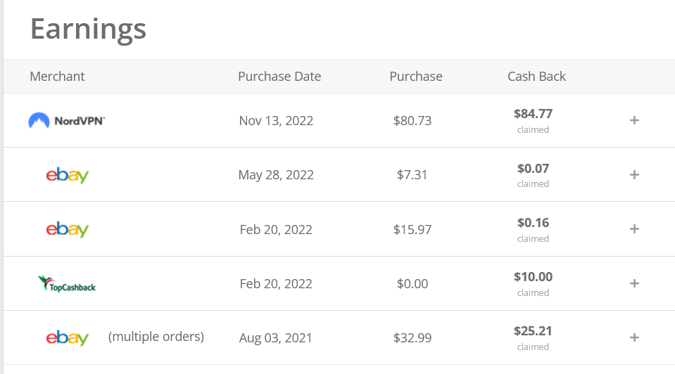 Cash back earnings page from TopCashBack