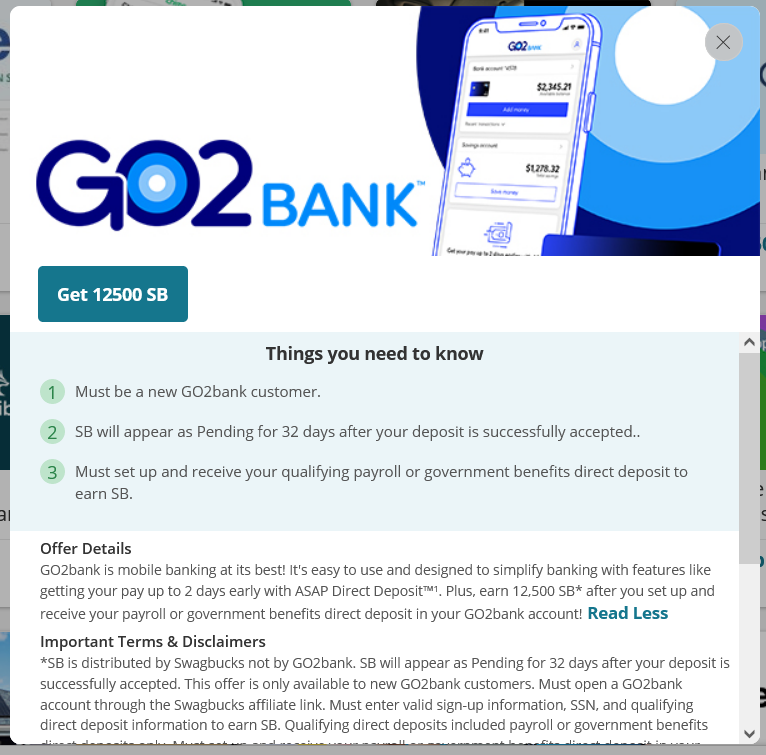 The Swagbucks terms for the GO2bank promo