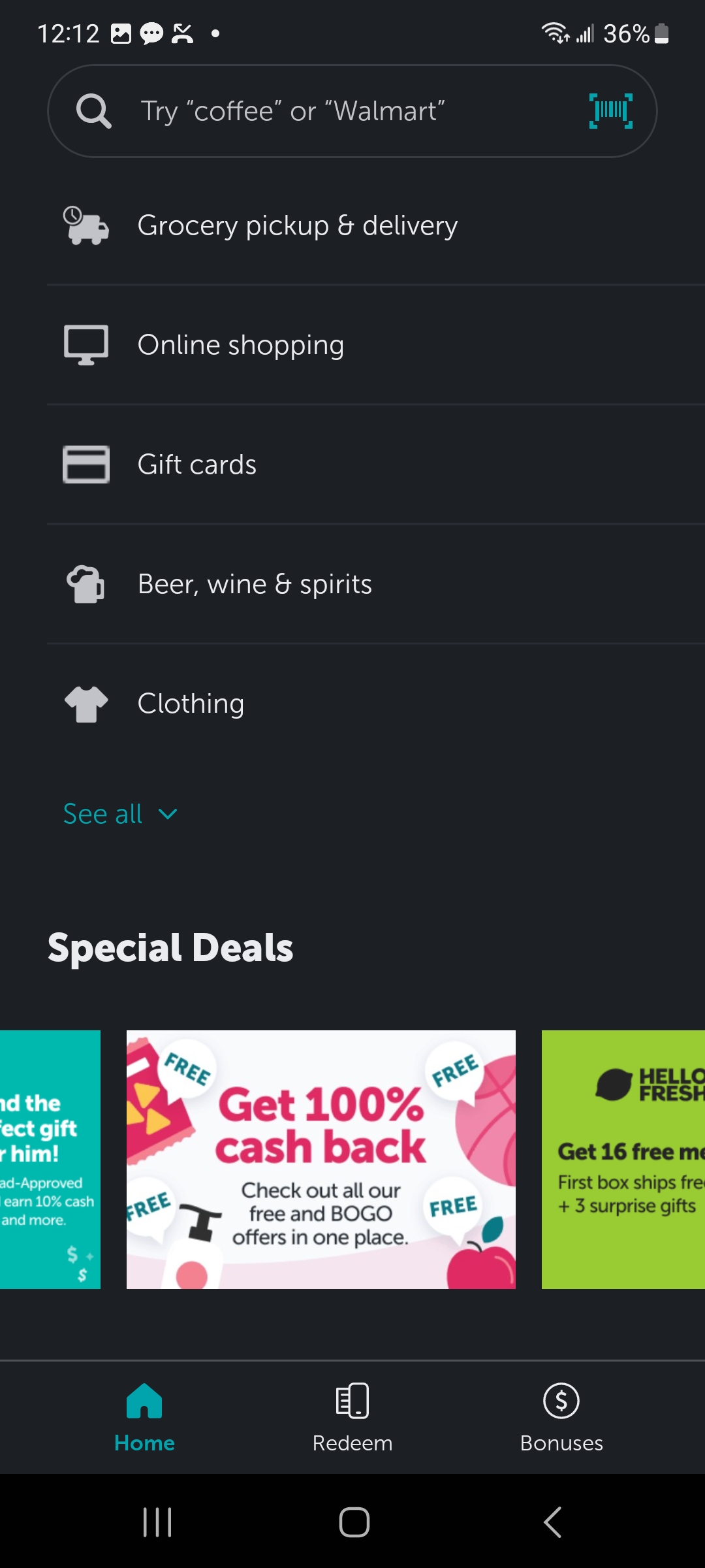 The free deals section on the Ibotta receipt scanning app