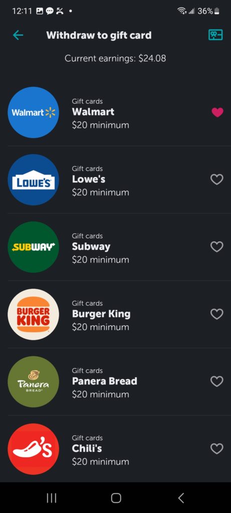 Gift card options for Ibotta redemptions