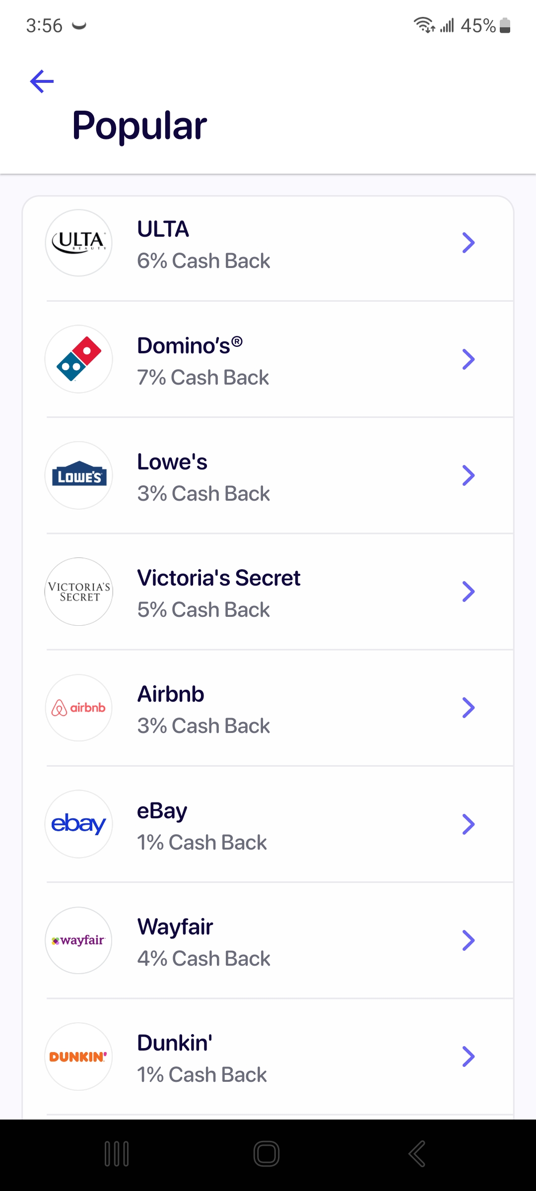 A list of cash back stores in the Slide app