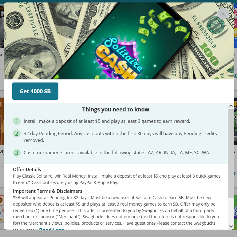 The offer Swagbucks terms for Solitaire Cash