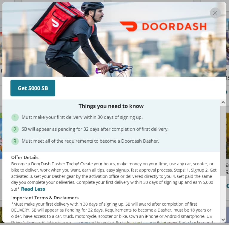 Swagbucks terms for the Doordash driver bonus