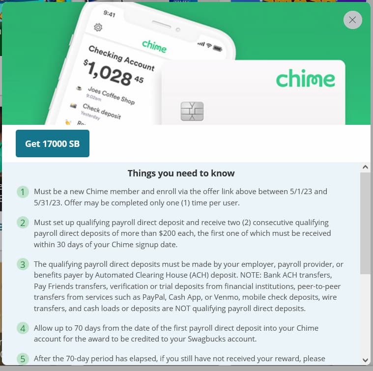 Swagbucks terms for the Chime checking promo