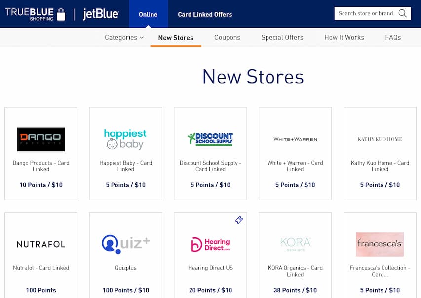 A listing of new stores in the True Blue Shopping portal